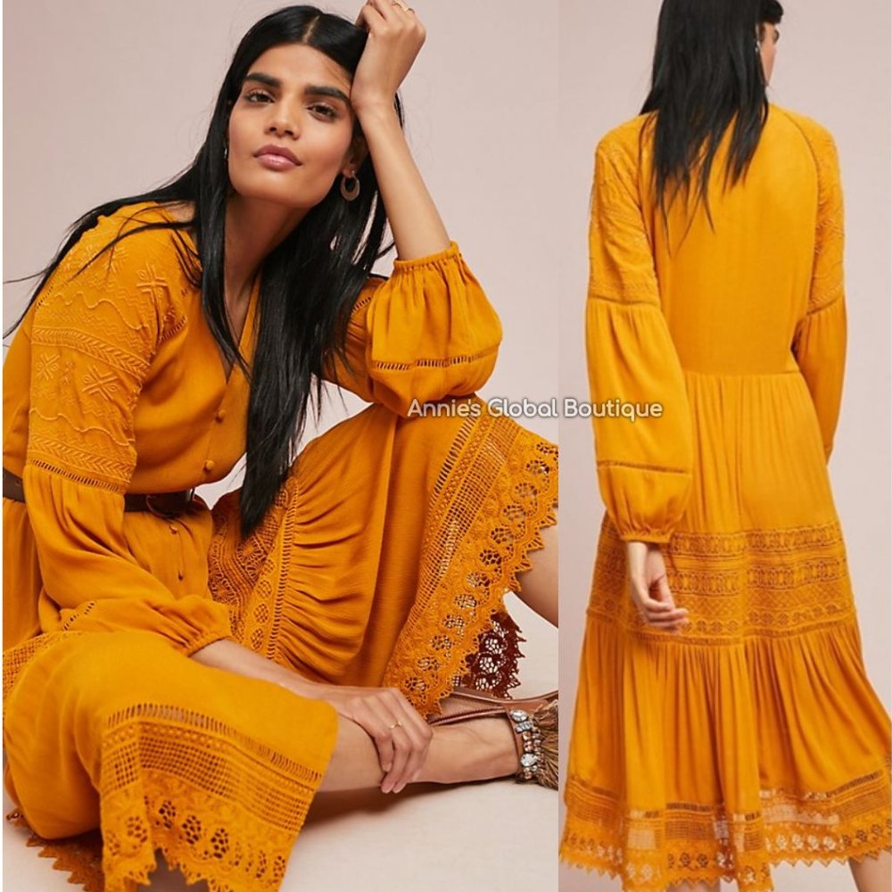 RARE NWT ANTHROPOLOGIE Golden Peasant Embroidered Maxi Dress. Size 4 - Picture 14 of 16